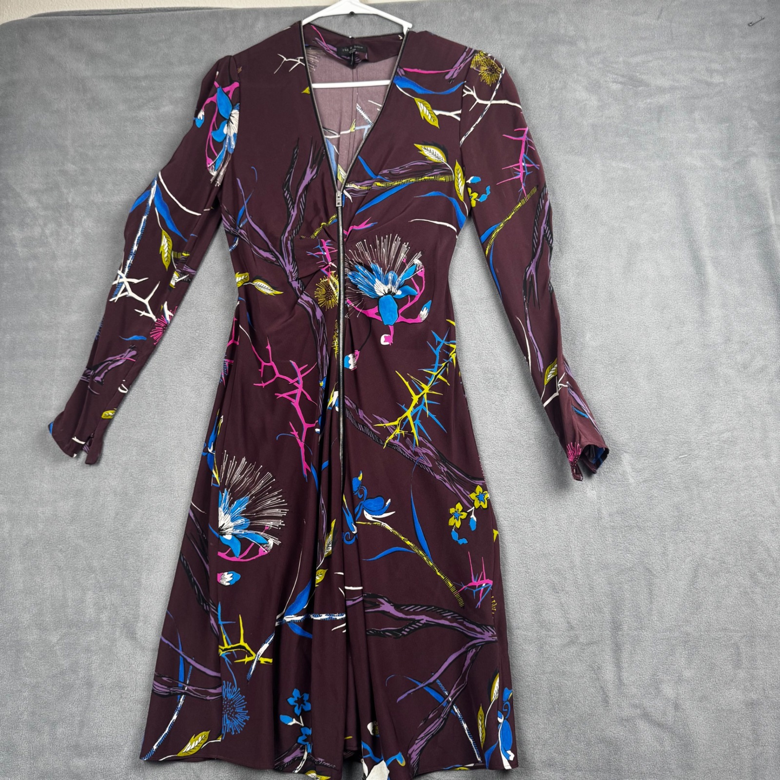 Rag & Bone Silk Floral Zip Front Midi Dress Plum Burgundy Long Sleeve Size 0
